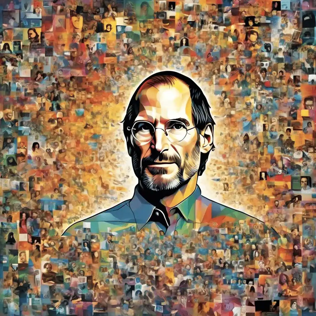 γαλλική αφίσα με πορτρέτο του Steve Jobs δημιουργημένο από πολύχρωμα ψηφιακά μικρογραφίες ανθρώπων και εικόνων, σύμβολο καινοτομίας και τεχνολογίας, τέλειο για αφίσες τεχνολογίας και δημιουργικότητας.