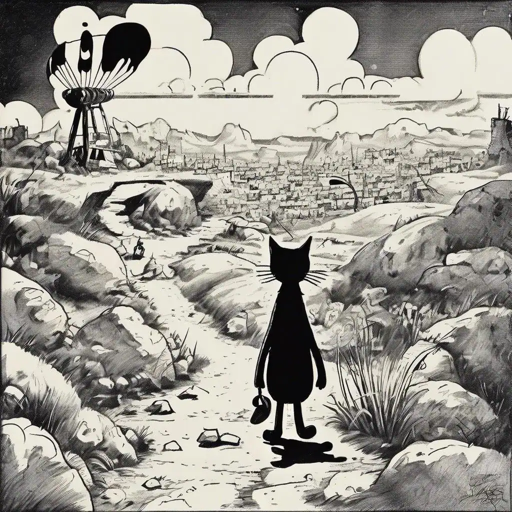 Μαύρη και λευκή εικόνα με τρισδιάστατο cartoon γατούλα να περπατά σε μονοπάτι, βλέπει μια πόλη σε απόσταση και ανεμοστροβίλους στον ουρανό, δημιουργώντας μια σκηνή από πραγματικές ιστορίες.