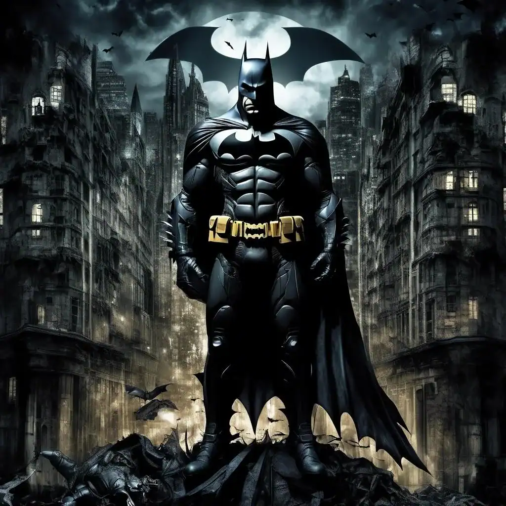 Φωτογραφία του Batman σε μολυσμένο και σκοτεινό αστικό τοπίο, που αναδεικνύει την εικόνα του ήρωα μέσα σε μια dystopian πόλη με φθαρμένα κτίρια και σκοτεινές ουρανογραμμές, δημιουργώντας ένταση και μυστήριο.